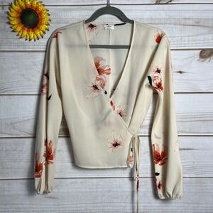 Wilfred Aritzia Wrap Blouse Cream Floral Print Long Sleeve V Neck Tie Waist XS